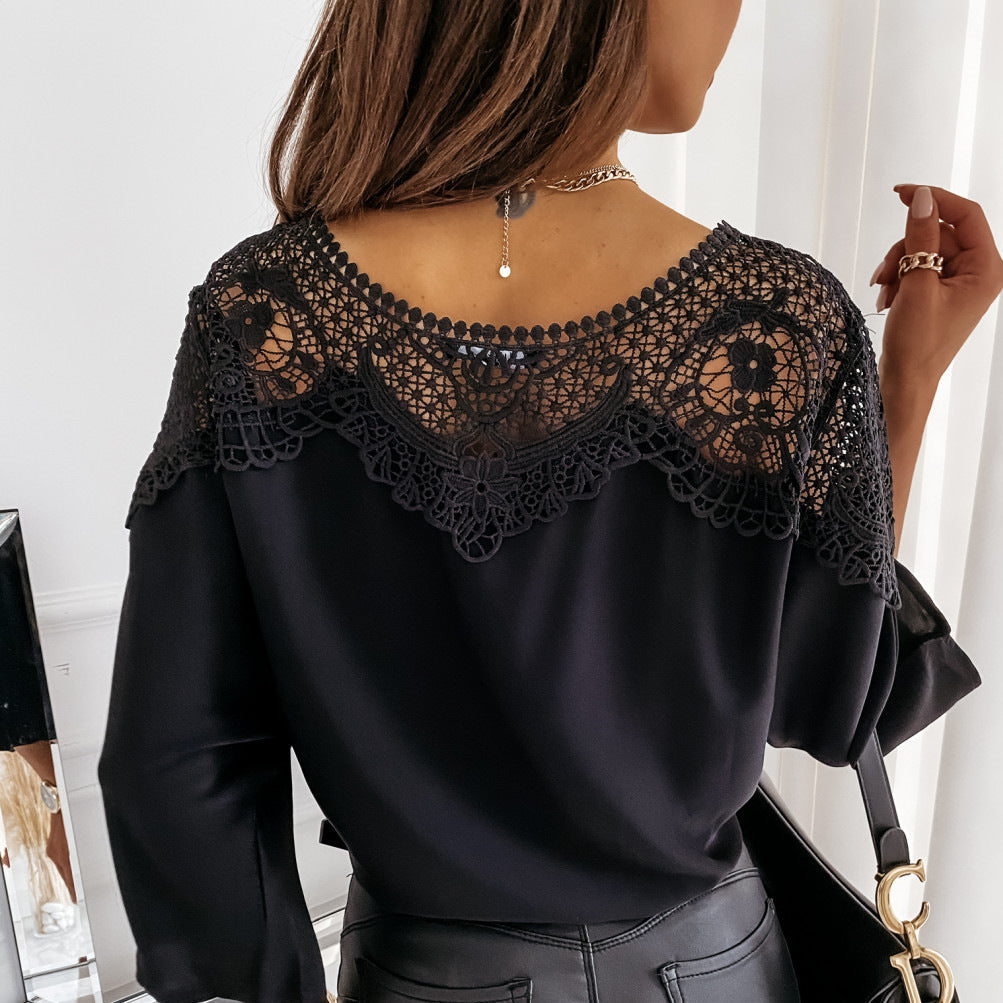 Sophisticated women's long sleeve blouse with elegant lace trim, great for office fashion.