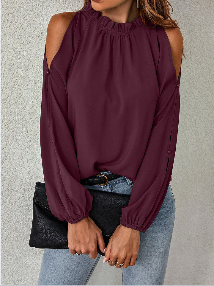 Women's stylish off-shoulder blouse. Elegant & versatile top, ideal for chic spring/summer fashion outfits.