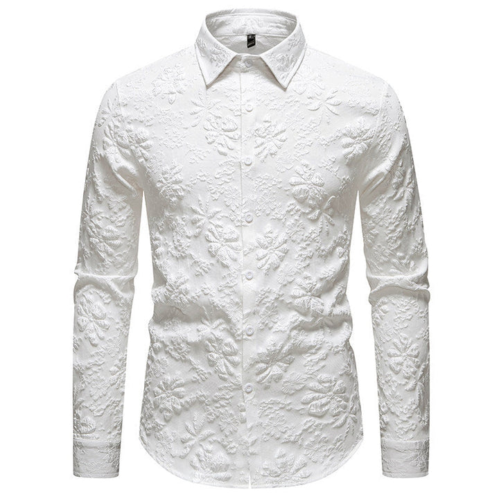 Stylish men's long sleeve shirt with an elegant floral pattern, a perfect centerpiece for a fashionable outfit.
