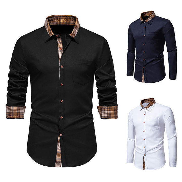 Men's long sleeve shirt with a stylish checkered collar for a modern casual look.