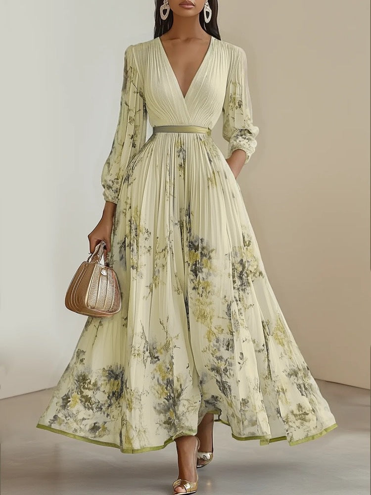Women's elegant floral V-neck maxi dress with puffed long sleeves, perfect for parties, evenings, or special events.