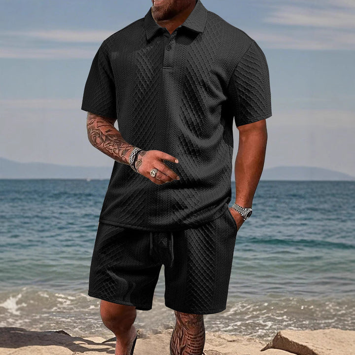 Comfortable men's polo shirt and athletic drawstring shorts, a complete casual outfit.