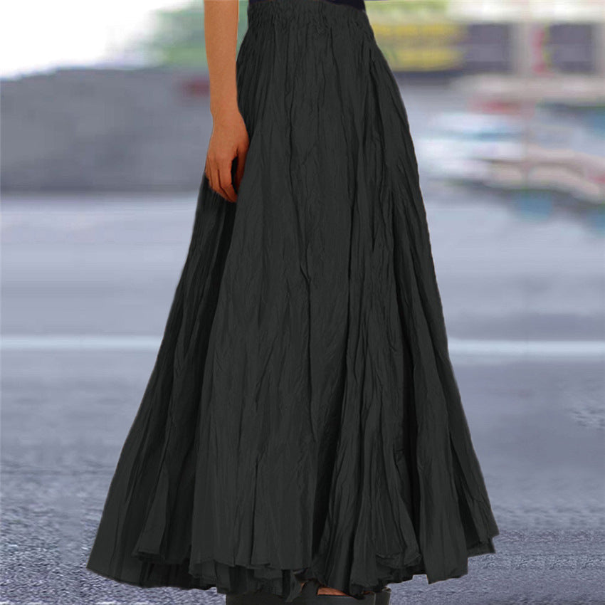Graceful A-line women's maxi skirt with elastic waist, designed for a flattering, flowing drape.