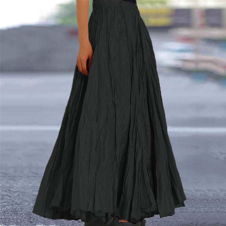 Graceful A-line women's maxi skirt with elastic waist, designed for a flattering, flowing drape.