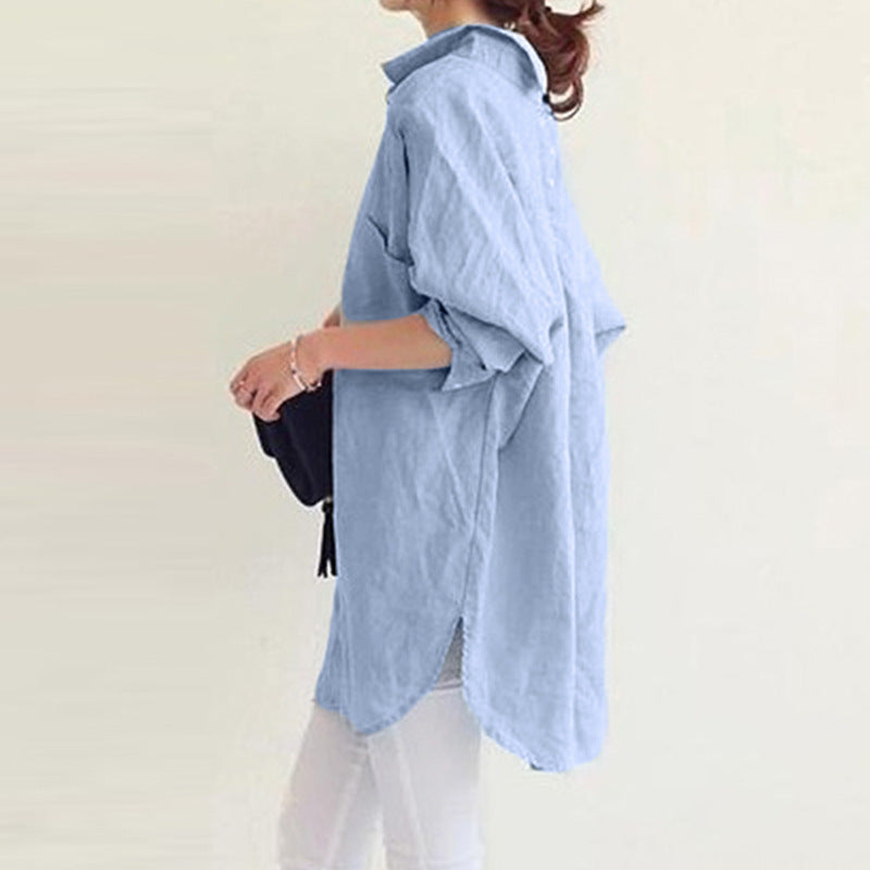 Versatile women's oversized button-up tunic, an essential long sleeve top for casual & everyday fashion.