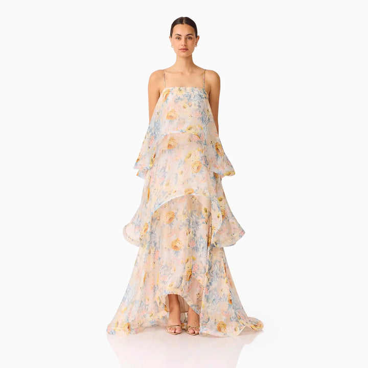 Chic off-shoulder ruffle maxi dress in a vibrant color, ideal for formal events or evening wear.