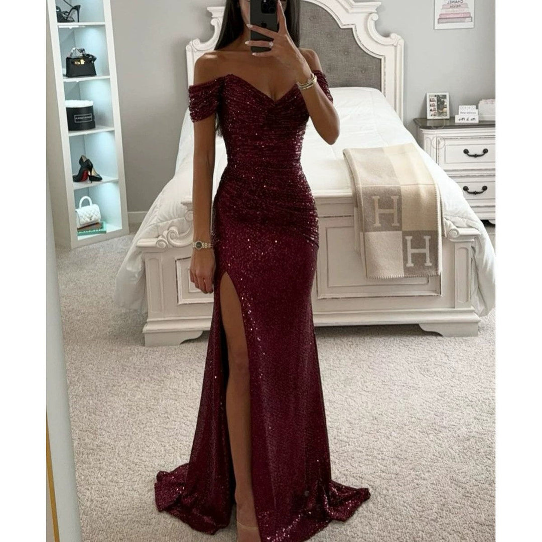 Women's sequin off-shoulder evening gown. Elegant formal maxi dress with a flattering slit for parties.