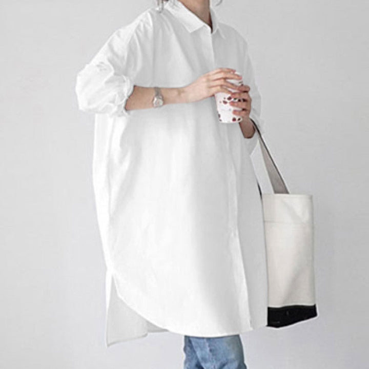 Casual elegant long sleeve women's blouse, loose fit button-up tunic top. Plus size fashion.