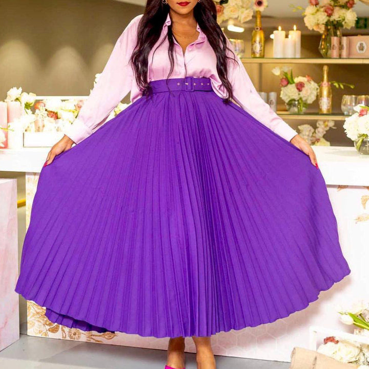 Elegant women's pleated midi skirt with removable belt, perfect for formal or casual wear.
