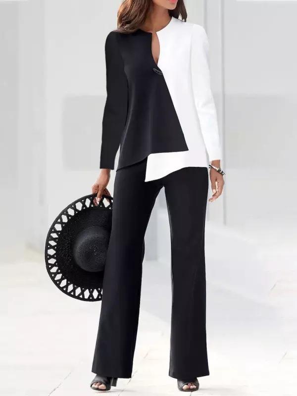 Fashionable women's asymmetrical pant suit set, a modern and stylish two-piece for contemporary workwear.