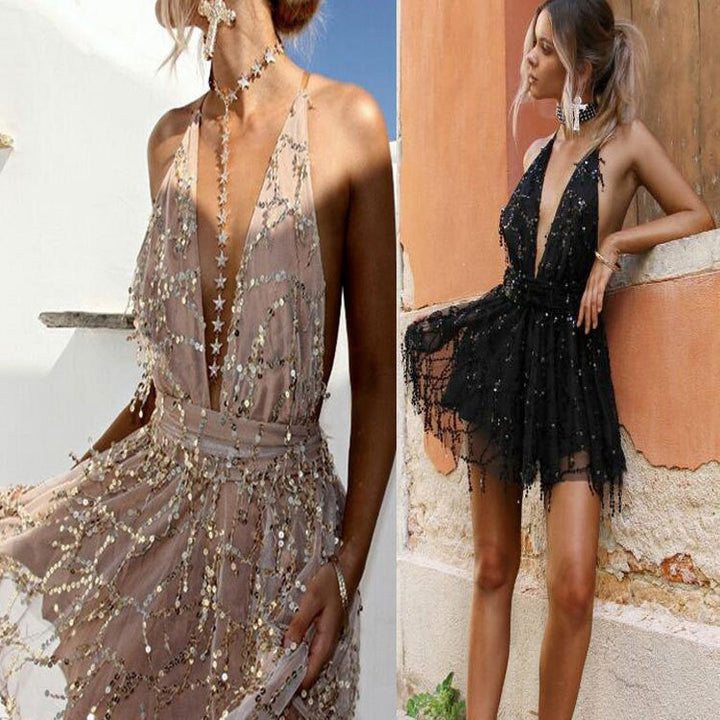 Elegant apricot women's deep V-neck cocktail dress with a flattering silhouette & flowing skirt detail.