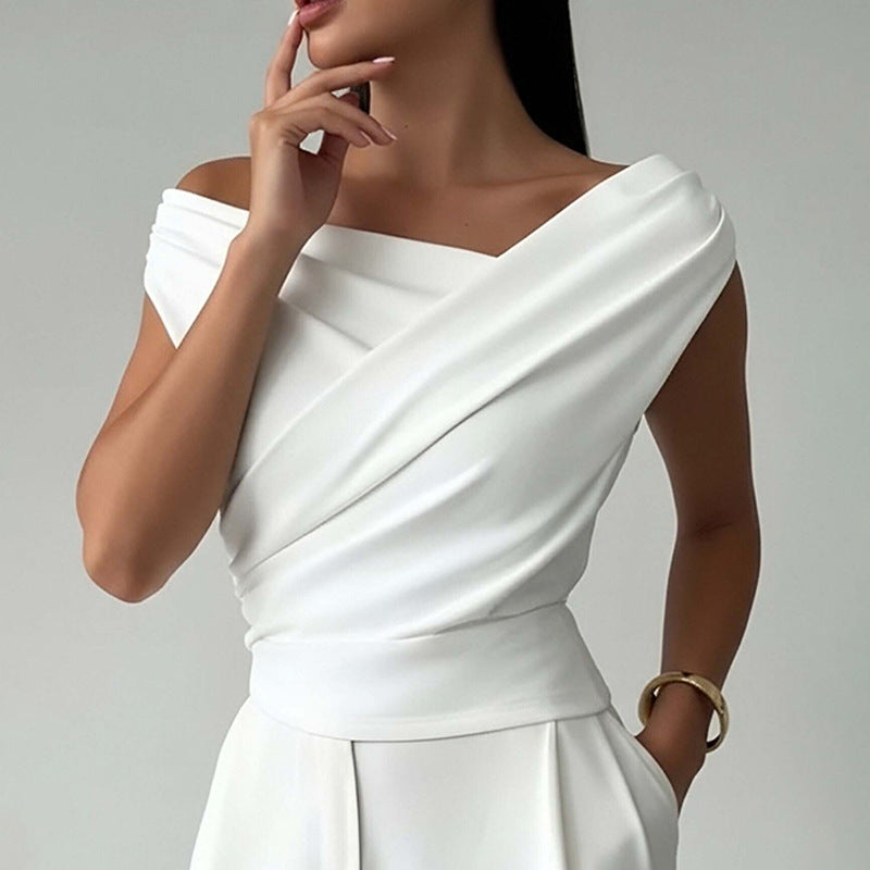 Elegant women's wrap top with chic shoulder cutout. Perfect for parties or a casually elegant look.