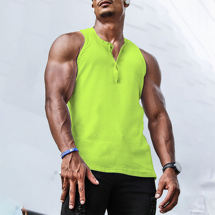 Active men's sleeveless top with button placket, suitable for gym, running, and all sports activities.