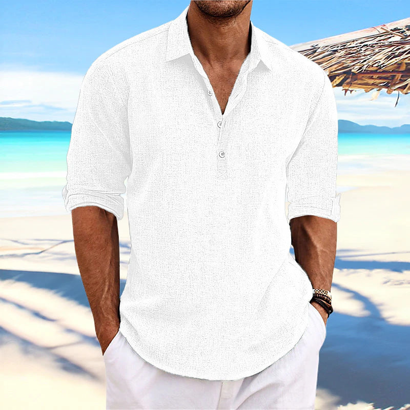 Stylish men's beachwear short sleeve button shirt, relaxed fit for sunny vacation days & leisure.