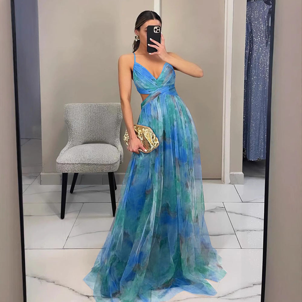 Women's elegant floral maxi evening dress, spaghetti strap V-neck for formal and special occasions.
