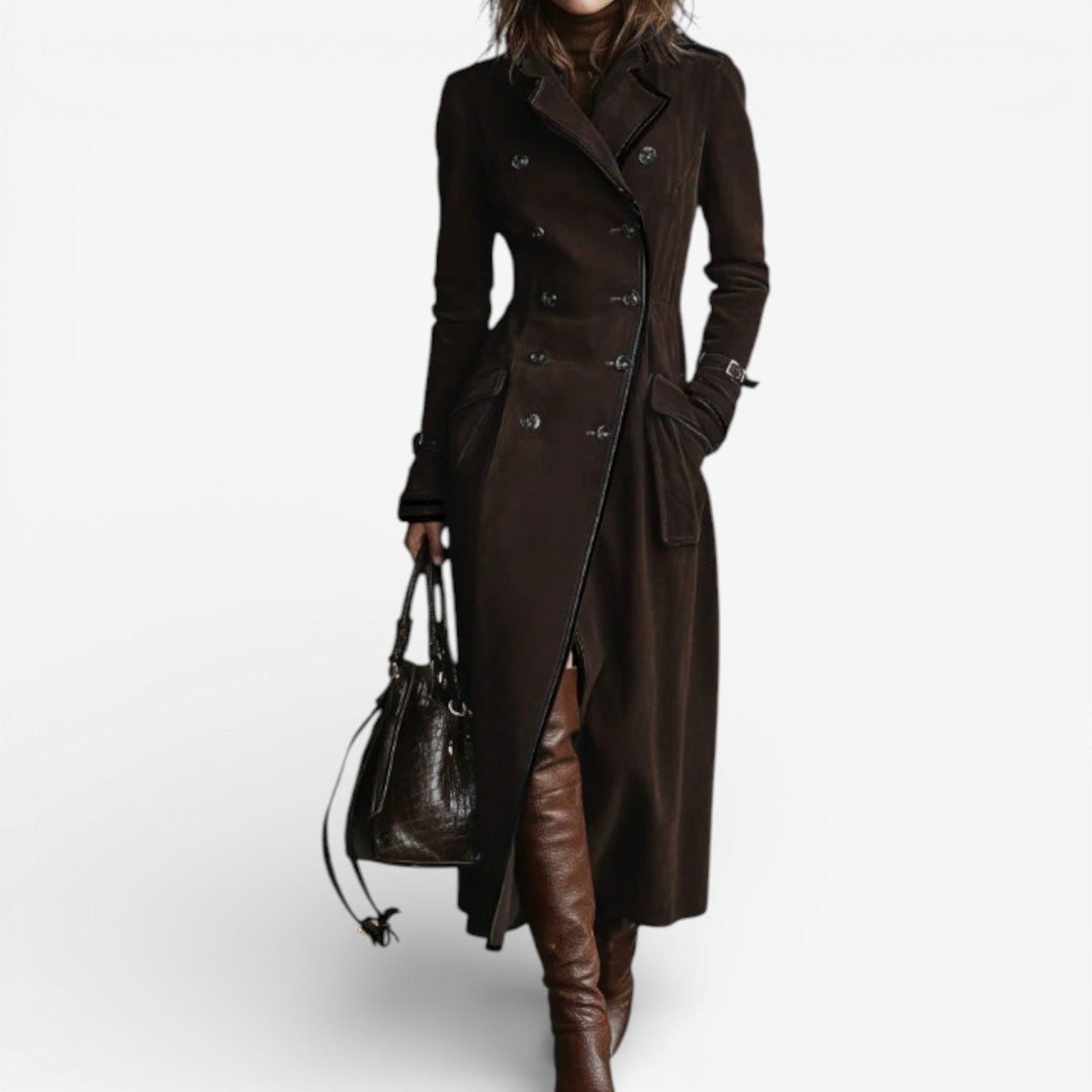Versatile double-breasted women's long trench coat, ideal for elegant fall and winter fashion.