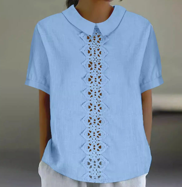 Graceful women's light lace panel blouse, combining comfort with sophisticated design for versatile wear.