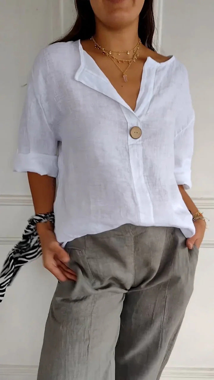 Airy & flowy women's button blouse, ideal for summer. Relaxed fit casual top, comfortable style.