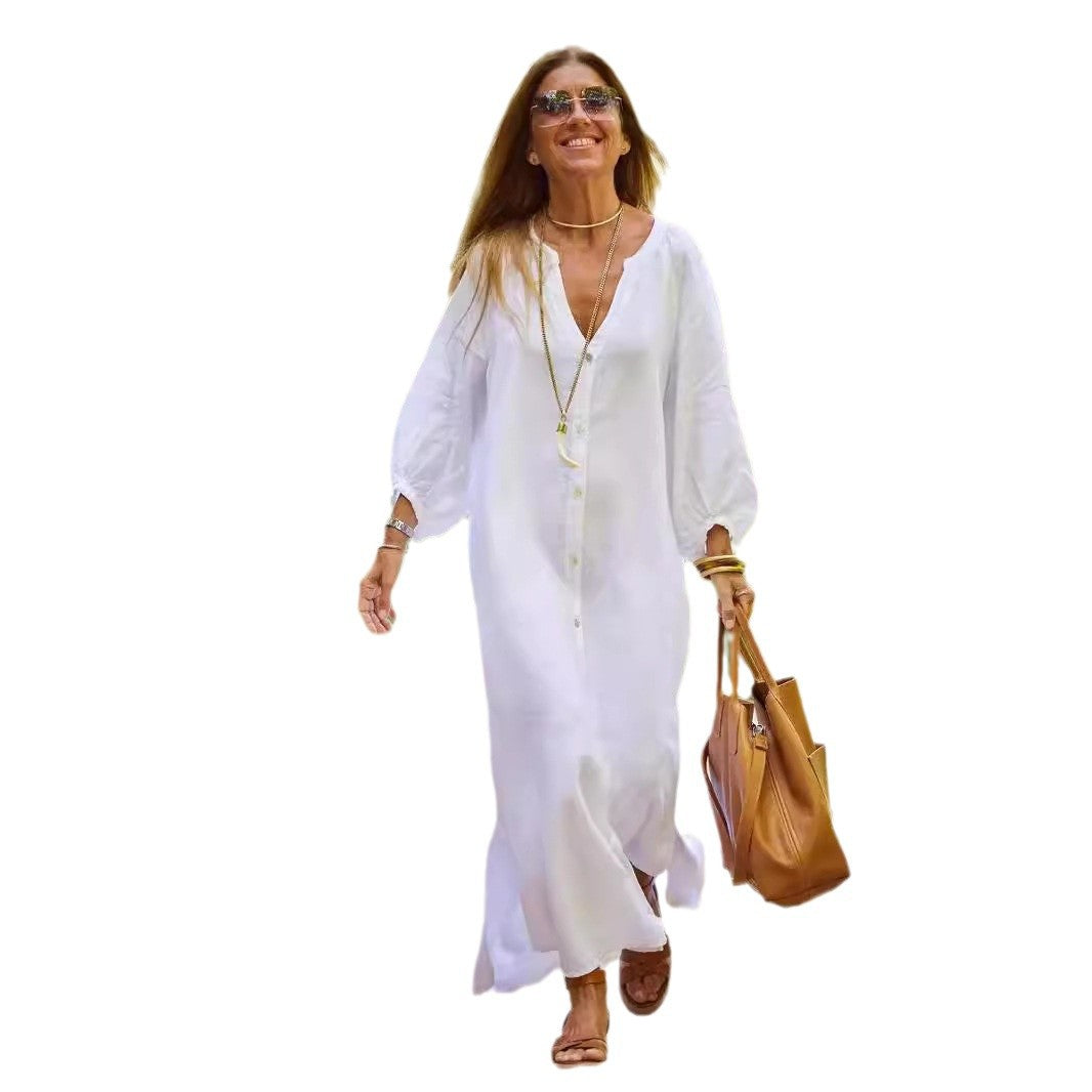 Chic women's lightweight summer dress, V-neck, button-down design, with fashionable puffed sleeves.
