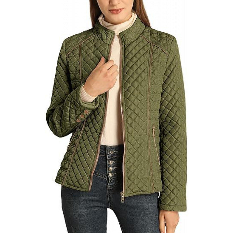 Modern women's puffer coat, high-collar and quilted design, great for everyday winter style.
