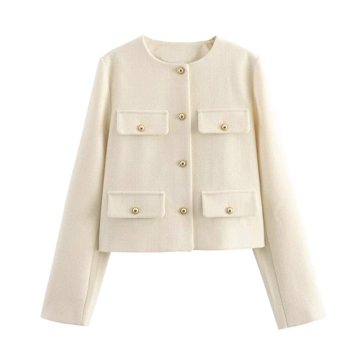 Elegant long sleeve cropped jacket for women, gold button details, versatile smart casual style.