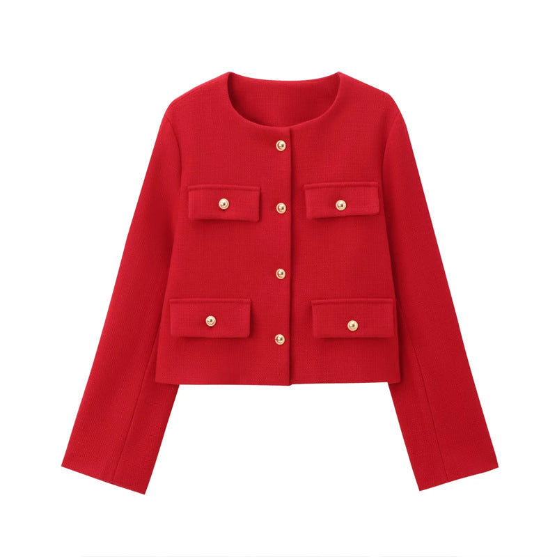 Classic women's cropped blazer with gold buttons, elegant design, suitable for work & chic outfits.