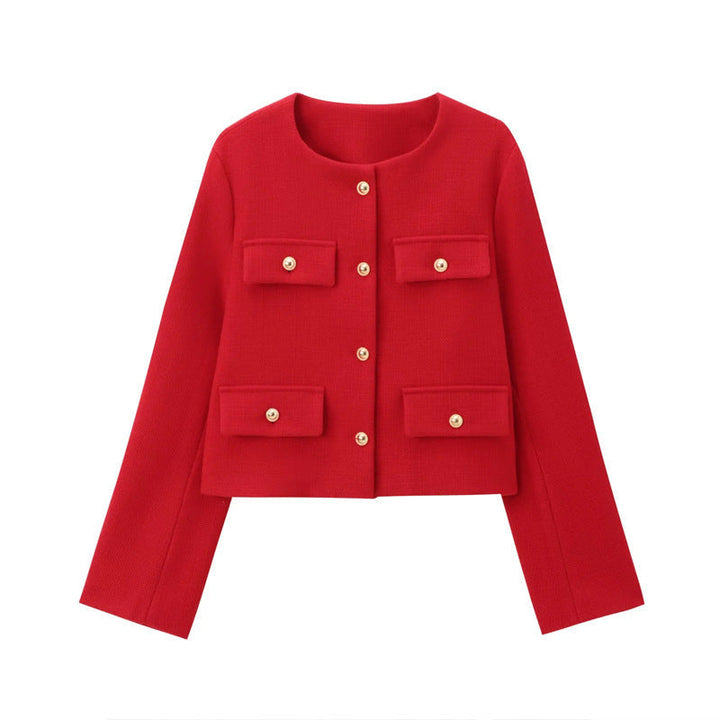 Classic women's cropped blazer with gold buttons, elegant design, suitable for work & chic outfits.