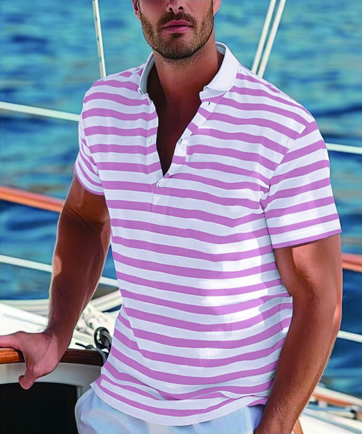 Detail shot: Men's striped polo shirt with stand-up collar. Highlighting fabric & button placket.