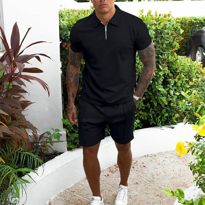 Men's casual zip-up polo and matching shorts set, perfect for summer leisure.
