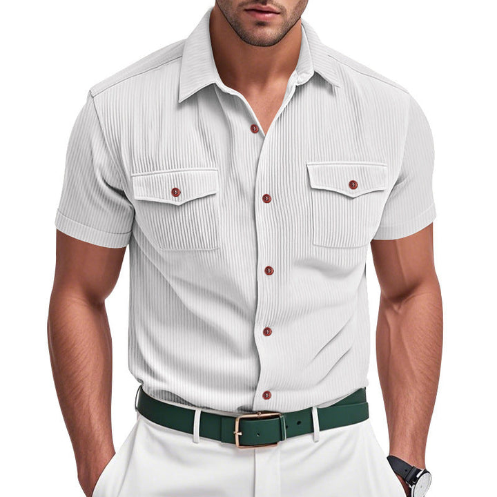 Summer-ready men's striped short sleeve shirt with functional chest pockets, perfect for a relaxed casual style.
