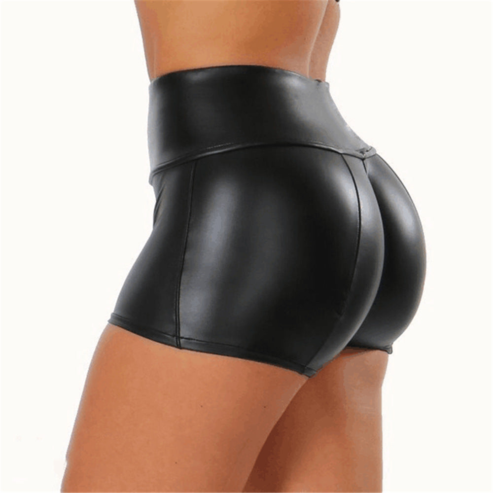 Bordeaux shiny high-waisted sports shorts for women, perfect for yoga & leisure.