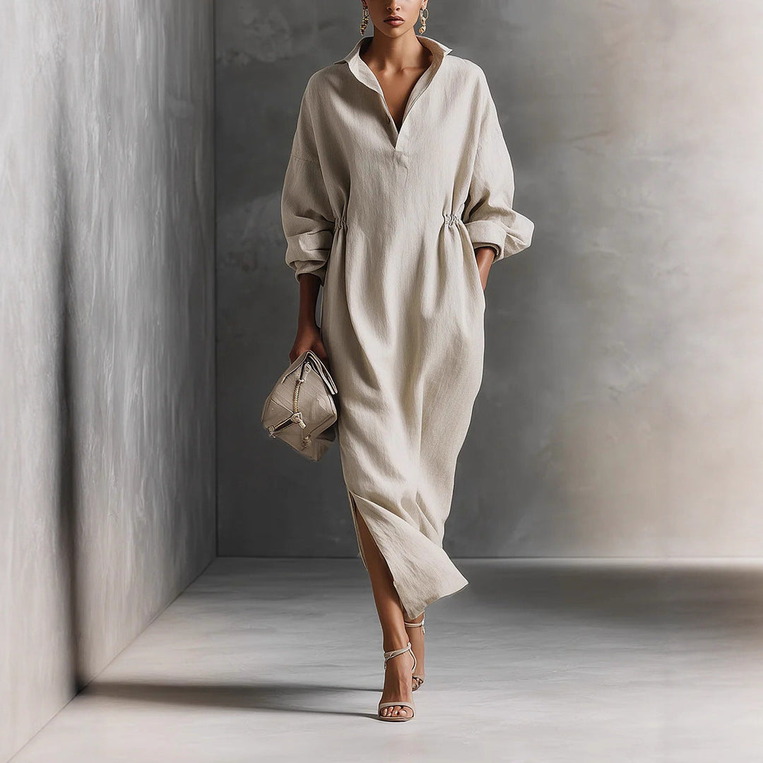 Long sleeve women's elegant midi dress, featuring a classic collar & adjustable tie belt.