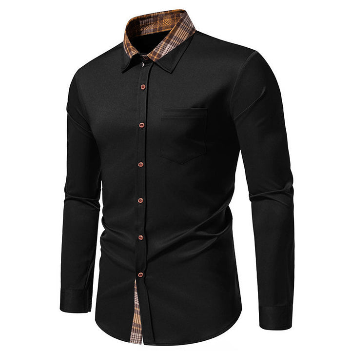 Men's casual long sleeve shirt, featuring a distinct checkered collar for a unique style.
