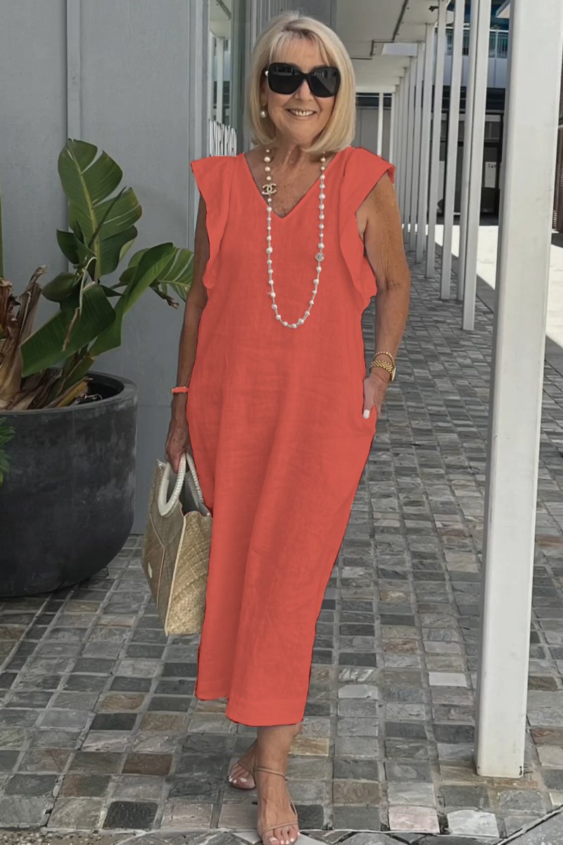 Chic women's V-neck sleeveless summer dress, an elegant flowy maxi for ultimate comfort and vacation style.
