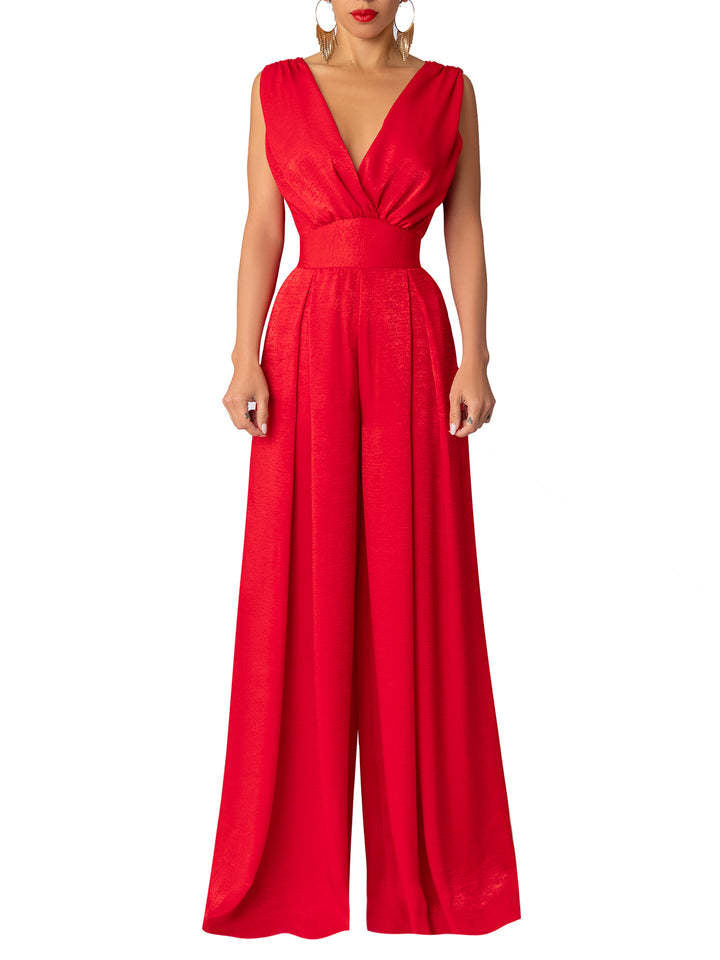Chic women's wide-leg V-neck jumpsuit, perfect for an elegant party or a comfortable everyday outfit.