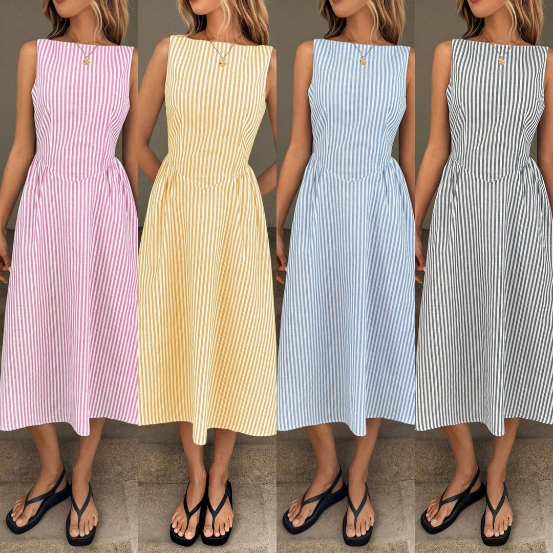 Elegant women's striped midi dress, fitted for summer chic. Round neck & versatile design.