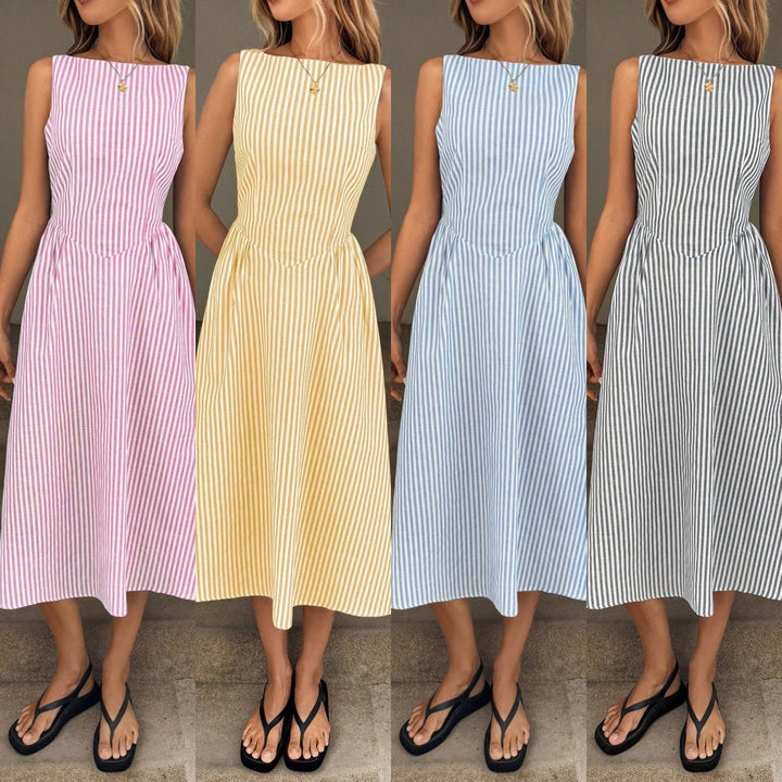 Elegant women's striped midi dress, fitted for summer chic. Round neck & versatile design.