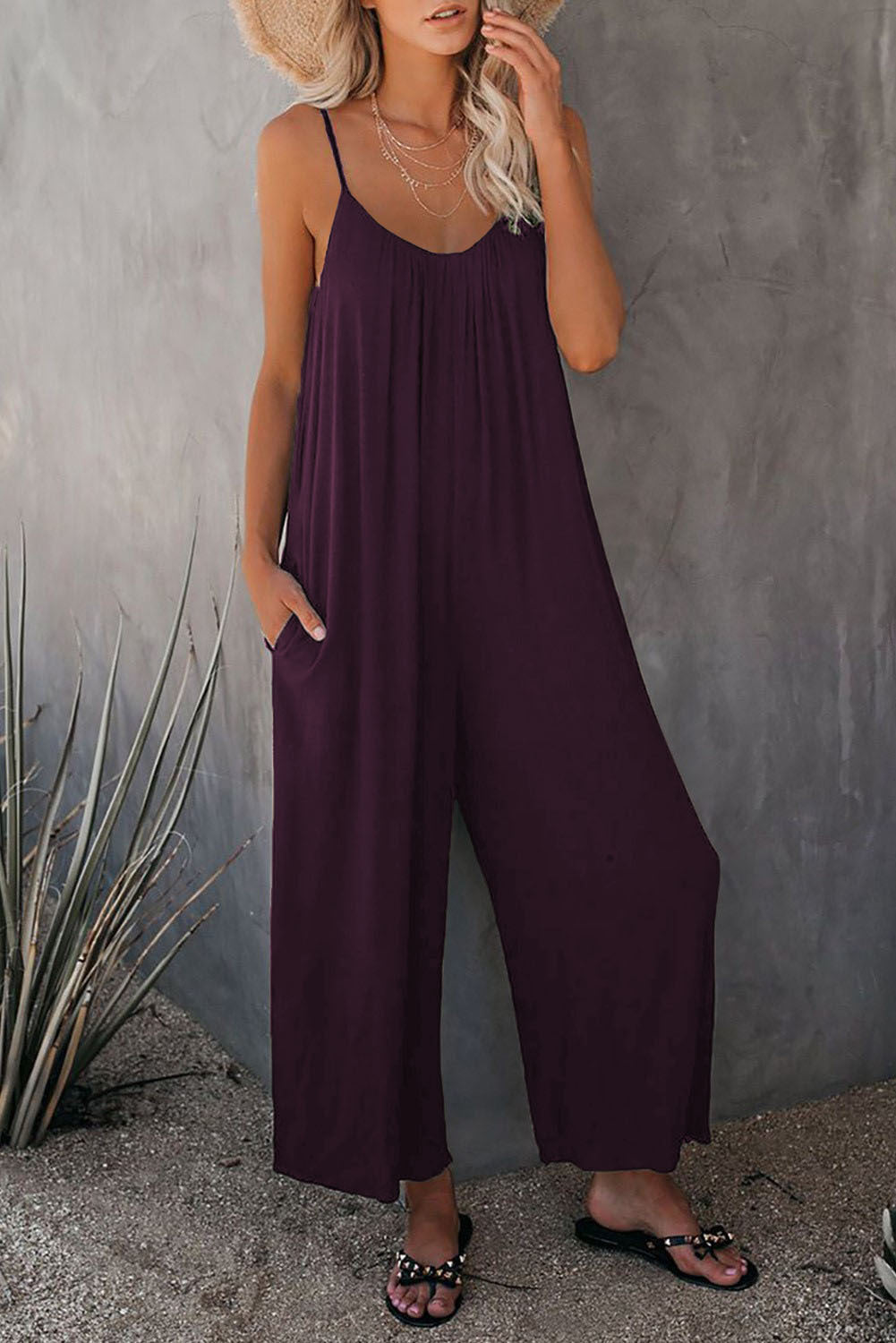 Comfortable women's sleeveless jumpsuit, relaxed fit for summer casual wear & beach vacations.