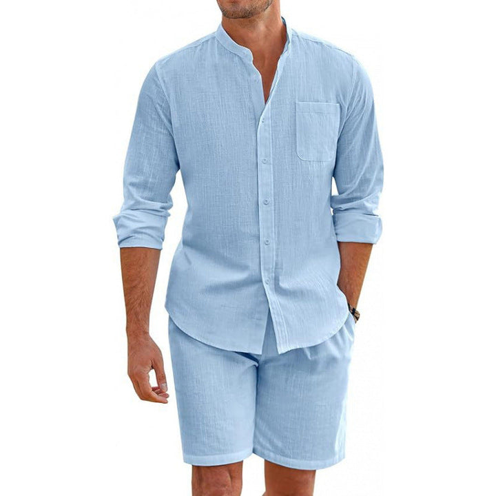 Stylish men's summer vacation outfit with stand-up collar shirt & matching shorts. Beachwear.