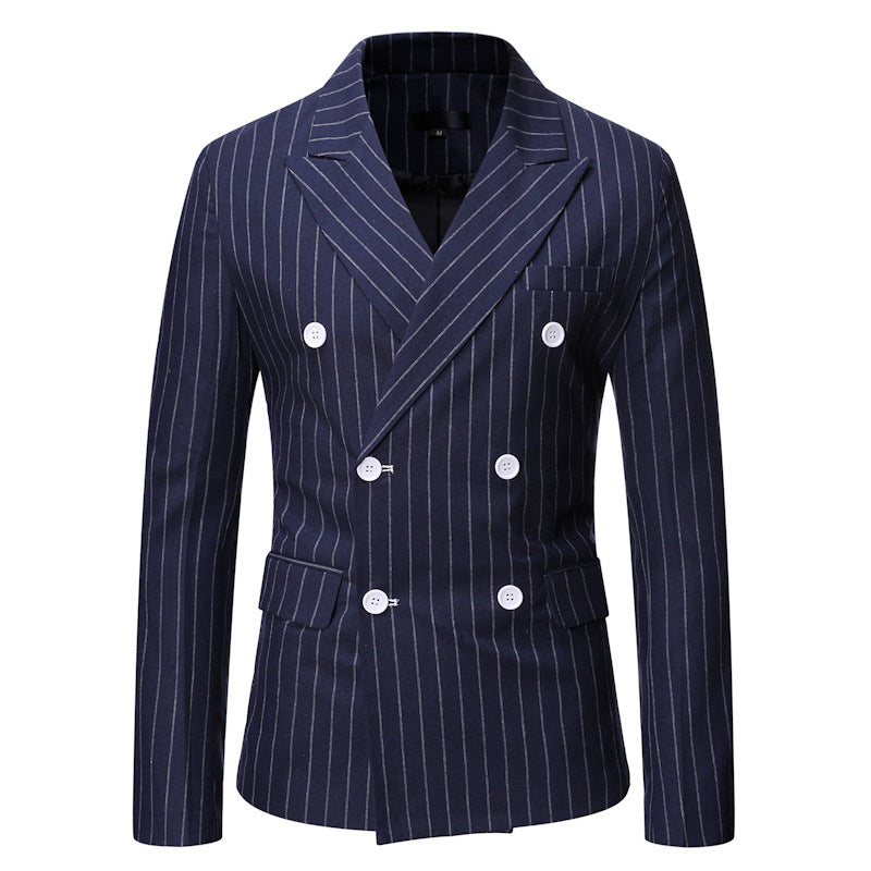 Elegant men's professional double-breasted striped blazer, offering a sleek, sharp silhouette.