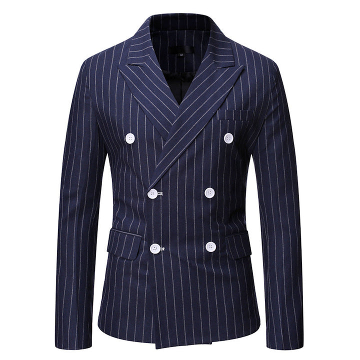 Elegant men's professional double-breasted striped blazer, offering a sleek, sharp silhouette.