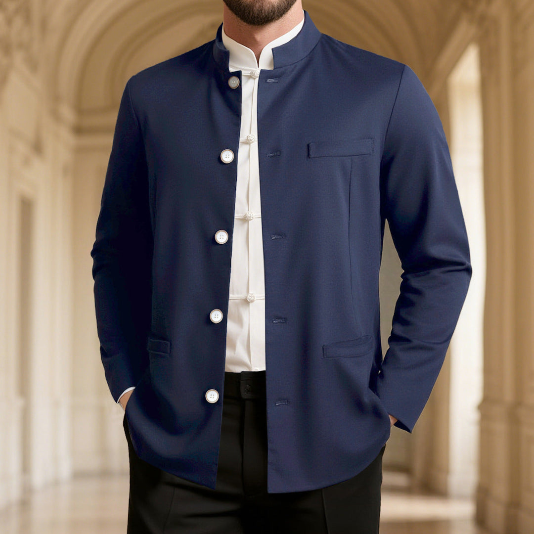 Polished men's high collar blazer. Tailored for a modern, elegant look, suitable for business or special occasions.