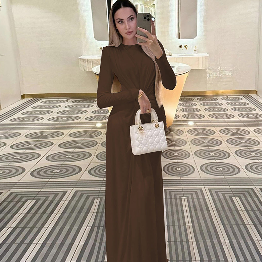 Luxurious women's high collar gathered long dress. Sophisticated evening wear, ideal for formal special occasions.