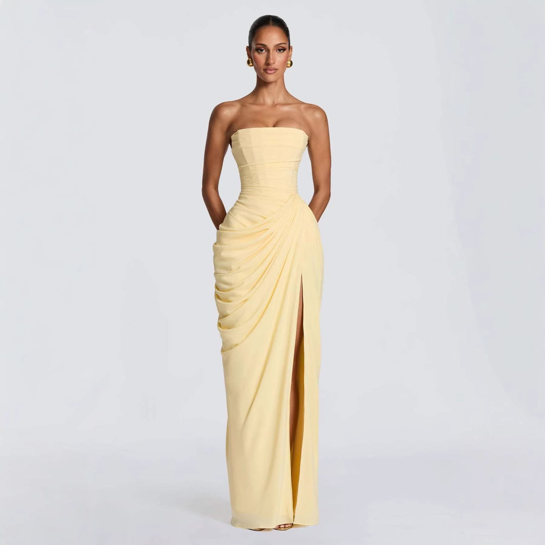 Gorgeous long sleeve party dress for women, featuring elegant draping and a front slit, ideal for special occasions.