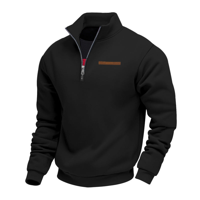 Close-up of men's half-zip pullover sweatshirt collar, highlighting the comfortable design.