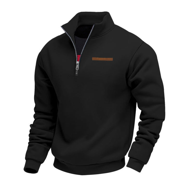 Close-up of men's half-zip pullover sweatshirt collar, highlighting the comfortable design.