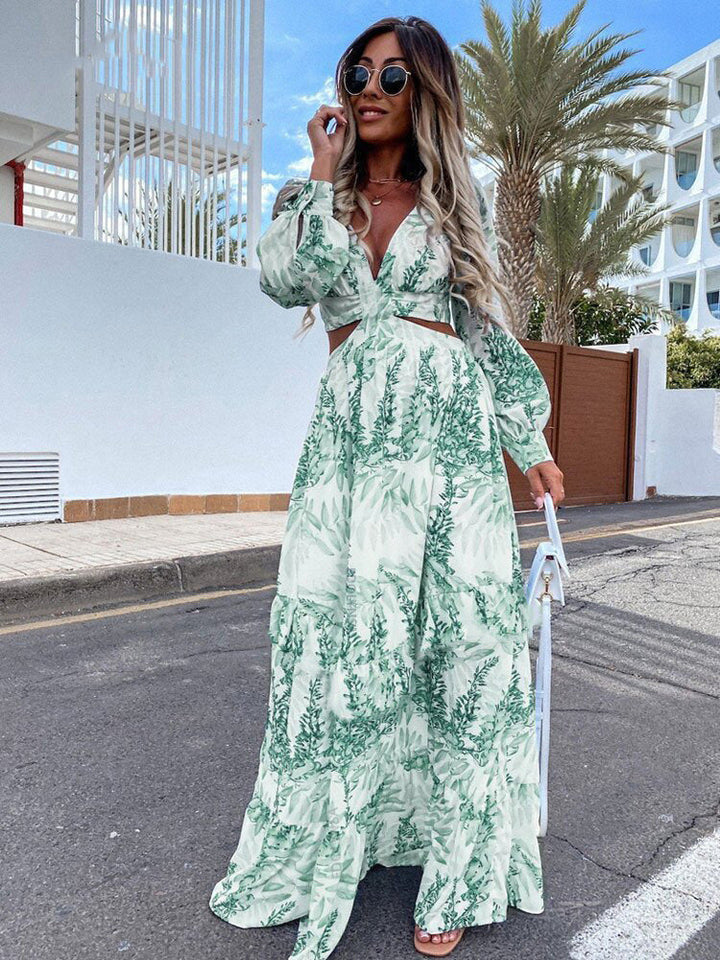 Long, flowy V-neck maxi dress for women with elegant ruffled hem, great for summer and party wear.