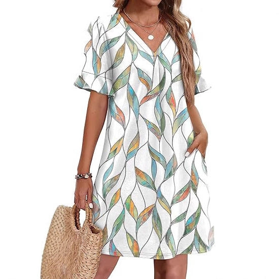 Relaxed fit women's floral V-neck summer dress, perfect vacation wear for warm weather & beaches.