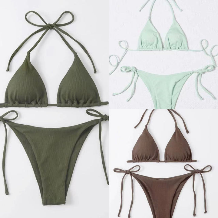 Women's striped tie-front bikini set. Perfect summer swimwear for beach days & pool parties.