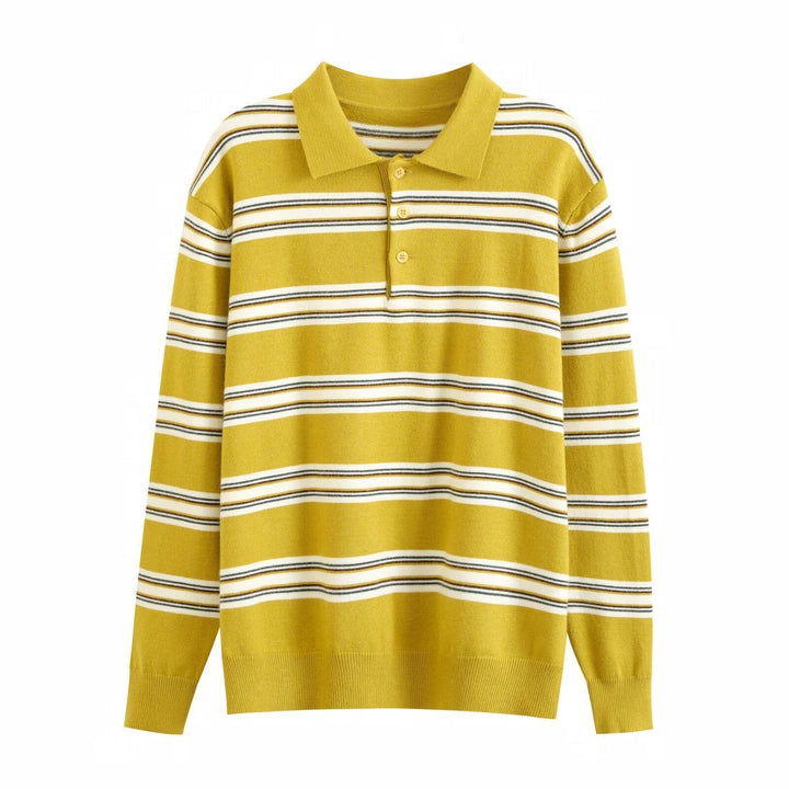 Relaxed fit women's striped polo sweater, a comfortable long-sleeve pullover knit. Versatile top for all seasons.